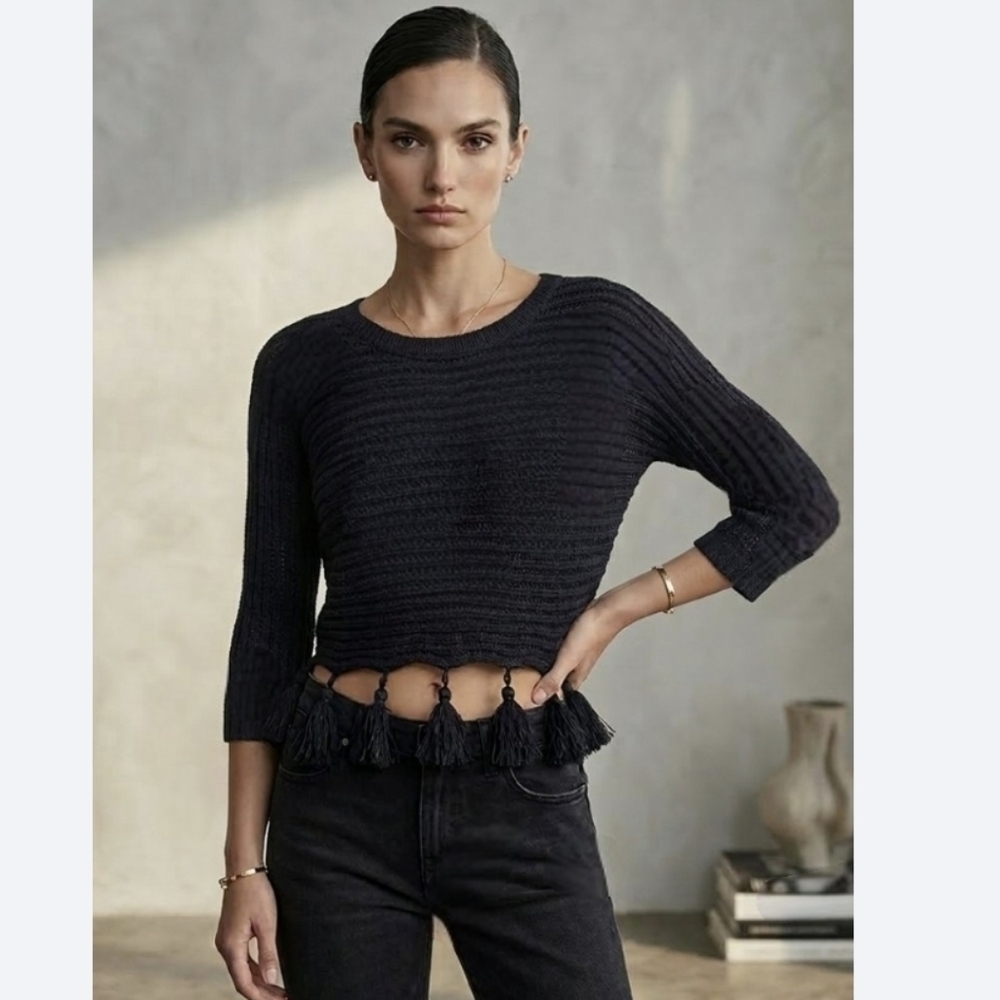 L'AGENCE Black Ribbed Crop Top Tassel Hem Scoop Neck Boho Wester Beach Sz XS/ T